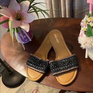 Nine West Black Woven Slide Sandals with Tan Footbed